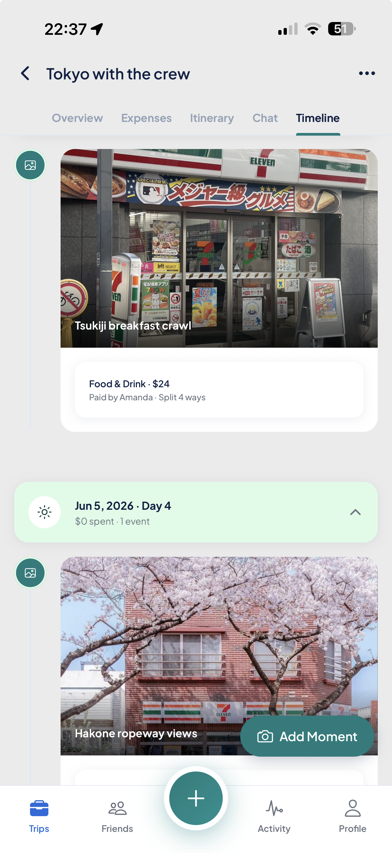 Moments timeline showing trip photos organised by day