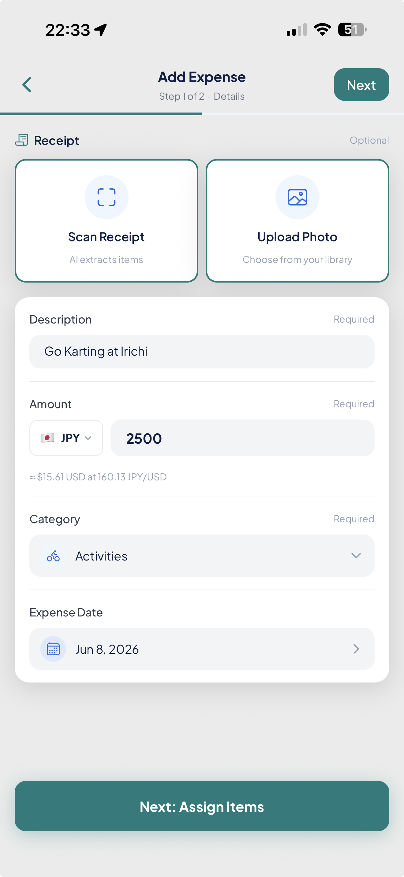 Add Expense — live JPY to USD conversion